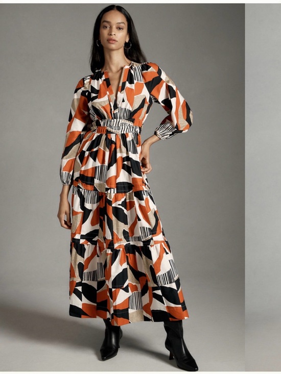 Anthropologie Dresses & Skirts - Anthropologie Sumerset Geometric long sleeve Maxi Dress in Orange, Black and Cr